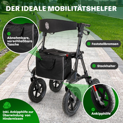 Outdoor rollator with pneumatic tires, a comfortable seat, and backrest—rugged, lightweight, and foldable. The affordable all-terrain rollator in titanium black.
