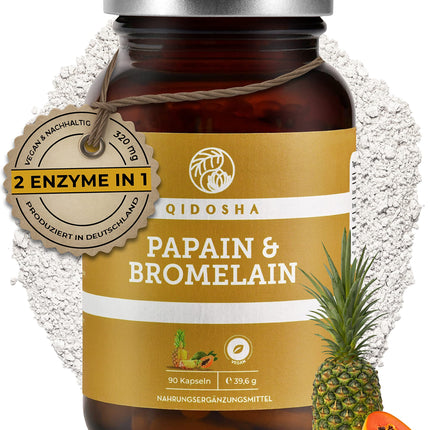 QIDOSHA® Papain Bromelain in enteric-coated capsules, 320 mg per capsule, 90 capsules in a pharmacist glass, highest enzyme activity of 6194 USP (Papain), Papain enzyme from papaya, Bromelain from pineapple