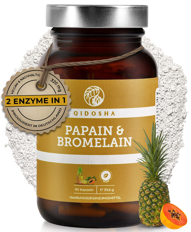 QIDOSHA® Papain Bromelain in enteric-coated capsules, 320 mg per capsule, 90 capsules in a pharmacist glass, highest enzyme activity of 6194 USP (Papain), Papain enzyme from papaya, Bromelain from pineapple