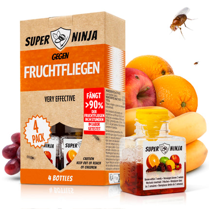 Super Ninja Indoor Fruit Fly Trap – 4-Pack, Effective Fruit Fly Trap for Home and Kitchen, Up to 3 Weeks of Performance per Bottle, Child and Pet Friendly