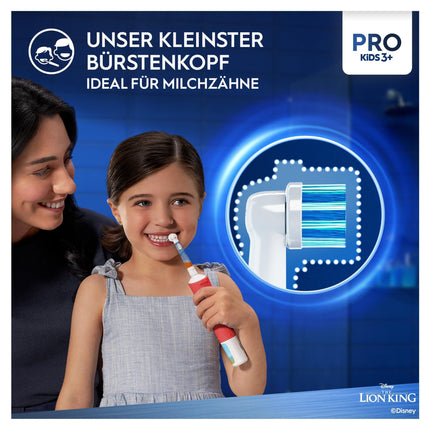 Oral-B Pro Kids Lion King Electric Toothbrush for children 3 years and older, including Sensitive+ mode for dental care, extra soft bristles, 1 brush head, 1 travel case, white/red