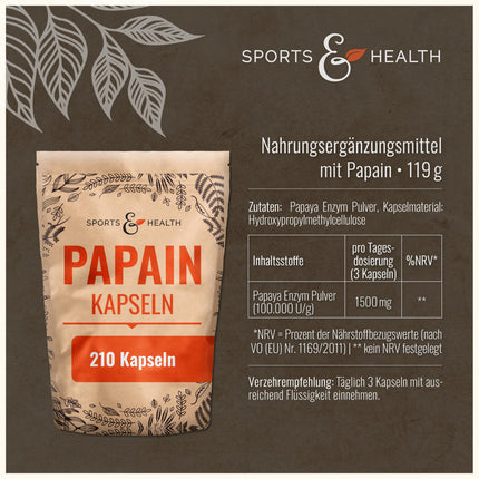 Papain Capsules – 210 Carica Papaya Enzyme Capsules – High Dosage – 1500mg per Daily Dose – Papaya Enzymes without Additives – Papaya Digestive Enzyme – Papain