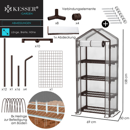 KESSER® Premium 4-tier greenhouse - 69 x 50 x 158 cm greenhouse with 4 shelves - space-saving, high-quality greenhouse for gardens and balconies, stable and easy to assemble