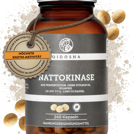QIDOSHA® Nattokinase capsules, high-dose, highest enzyme activity with 28000 FU/g, 240 capsules in a glass jar, vegan, without vitamin K2, final product soy-free