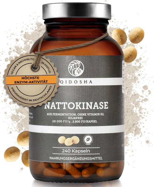 QIDOSHA® Nattokinase capsules, high-dose, highest enzyme activity with 28000 FU/g, 240 capsules in a glass jar, vegan, without vitamin K2, final product soy-free
