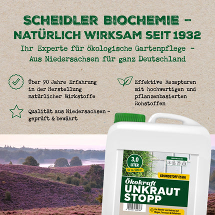 Scheidler Ökokraft Weed Stop Base Vinegar/Acetum 3 Liters – Natural Weed Killer for 500 m2 Extra Strong – Weed Remover for Paths/Paving/Patios – Long-Term Weed-Free