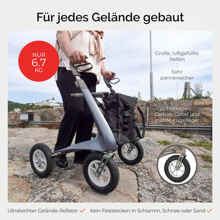 byACRE Carbon Overland/All Terrain Carbon Rollator/Shock-absorbing, large pneumatic tires/Lightweight 6.7 kg/Foldable with seat/Bentley Brown