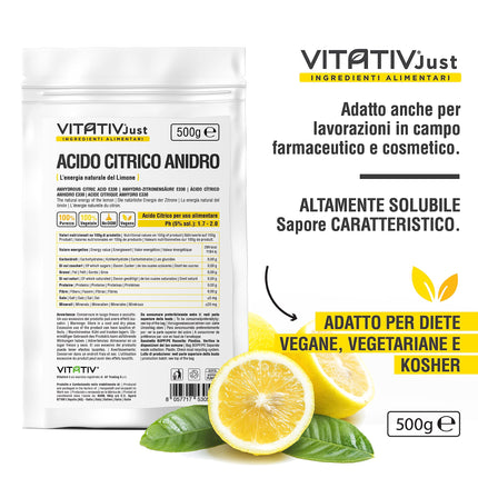 VITATIV - Citric acid, anhydrous, 100% pure – 500 g – Food grade – Preservative ideal for pastries and cooking – Acidifier in powder form for drinks and jams