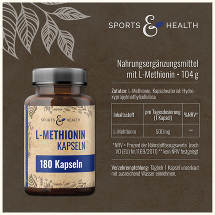 L-Methionine Capsules - 500mg per daily dose - 180 Capsules - Vegan - No additives