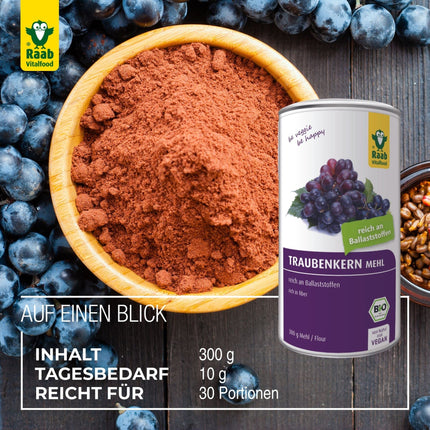 Raab Vitalfood® Organic Grape Seed Flour Powder (300 g) - rich in fiber (60% fiber content), vegan, gluten-free, premium organic quality