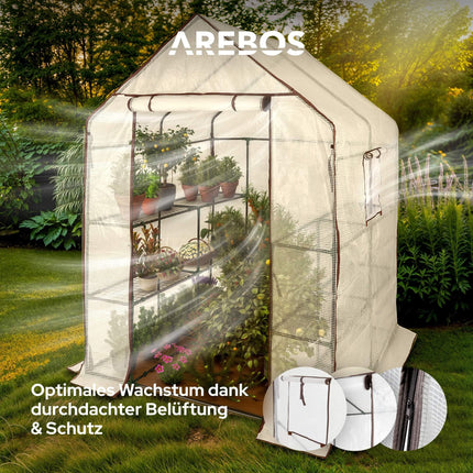 Arebos Premium Polytunnel Greenhouse with 3 Levels - 143 x 143 x 195 cm Greenhouse with Shelves &amp; Ventilation Window - Space-Saving, High-Quality Propagation House Garden Balcony Stable