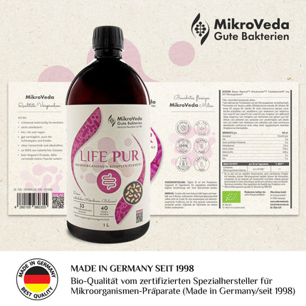 MikroVeda Life PUR 1l, organic enzyme ferment drink, 33 bacterial strains, super-activated, highly cell-available, bioavailable, vegan, raw, certified manufacturer