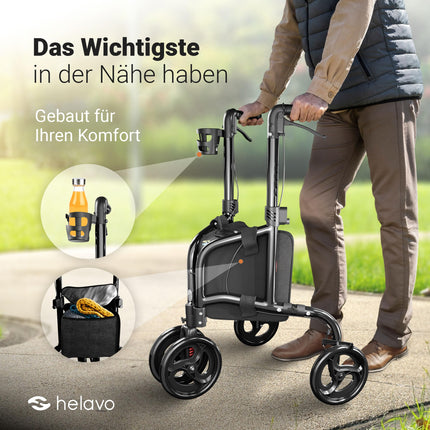 Helavo Rollator 3 wheels only 5.5 kg - Indoor Rollator narrow for home, Rollator easily foldable, Aluminum home rollator with double front wheels