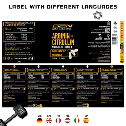 L-Arginine + L-Citrulline - 320 Capsules - 1100 mg per capsule - Citrulline + Arginine Base in a 1:1 ratio - Premium Amino Acids - Laboratory-tested quality - German Elite Nutrition