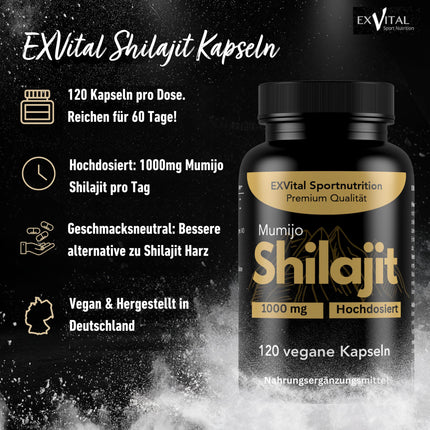 Mumijo Shilajit capsules, high dose 1000mg per daily dose, the original from the Himalayas, 120 capsules, vegan &amp; laboratory tested