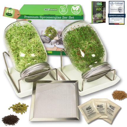 Green SEEDS® [The Original Sprouting Jar Set of 2 + Cress Sieve + 3 x Seed Set with High-Quality Stainless Steel Mesh Lid, Stand, Ceramic Bowl + Sprouting ABC [Print Version] Sprouting Jar Cultivation Set