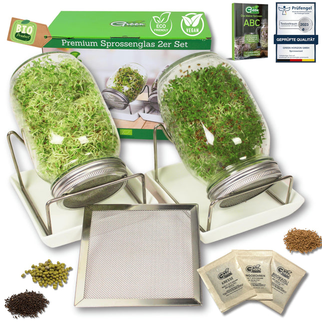 Green SEEDS® [The Original Sprouting Jar Set of 2 + Cress Sieve + 3 x Seed Set with High-Quality Stainless Steel Mesh Lid, Stand, Ceramic Bowl + Sprouting ABC [Print Version] Sprouting Jar Cultivation Set