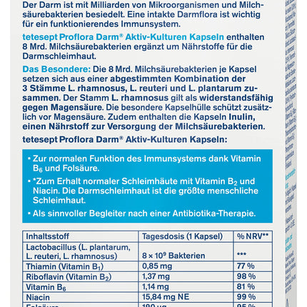 tetesept Proflora Intestinal Active Cultures Capsules – 4 x 24 Capsules – Food supplement with 8 billion lactic acid bacteria, vitamins, and inulin – Large pack