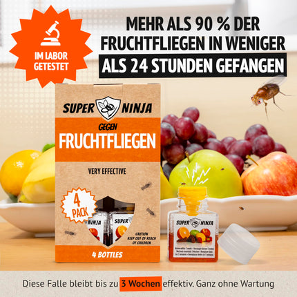 Super Ninja Indoor Fruit Fly Trap – 4-Pack, Effective Fruit Fly Trap for Home and Kitchen, Up to 3 Weeks of Performance per Bottle, Child and Pet Friendly