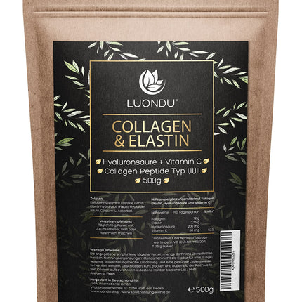 Luondu® Collagen Powder with Elastin, Hyaluronic Acid &amp; Vitamin C - Bioactive Collagen Hydrolysate Peptides Types I, II &amp; III - Optimal Solubility &amp; Bioavailability - Neutral - 500g