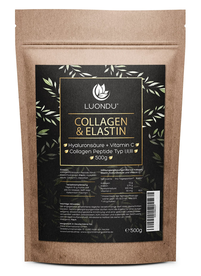 Luondu® Collagen Powder with Elastin, Hyaluronic Acid &amp; Vitamin C - Bioactive Collagen Hydrolysate Peptides Types I, II &amp; III - Optimal Solubility &amp; Bioavailability - Neutral - 500g