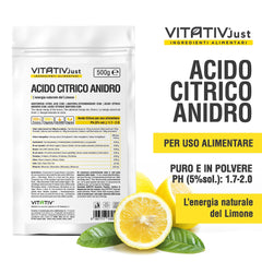 VITATIV - Citric acid, anhydrous, 100% pure – 500 g – Food grade – Preservative ideal for pastries and cooking – Acidifier in powder form for drinks and jams