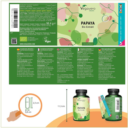 Organic Papaya Capsules Vegavero® | High Dosage: 1400 mg Extract | 120 Capsules | 100% Organic | Vegan &amp; No Additives | Laboratory Tested