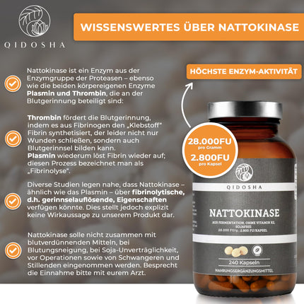 QIDOSHA® Nattokinase capsules, high-dose, highest enzyme activity with 28000 FU/g, 240 capsules in a glass jar, vegan, without vitamin K2, final product soy-free