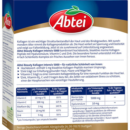 Abtei Beauty Collagen Intensive 5000 - for less visible wrinkles - with 5 g collagen peptides, hyaluronic acid, zinc, and vitamin C - sugar-free - 10 drinking ampoules