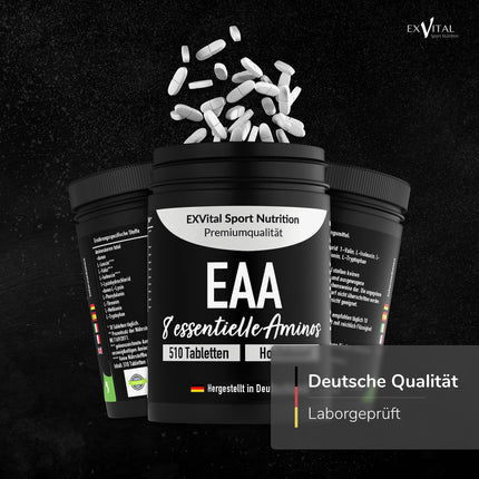 EXVital EAA tablets with 1036 mg per tablet - 510 tablets, all 8 essential amino acids EAAs - Multi Amino high dosage - Vegan - bottled in Germany - no additives
