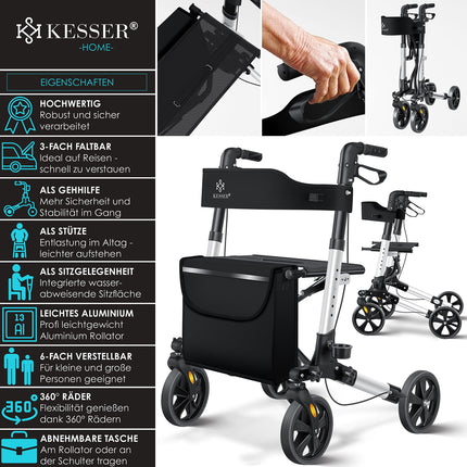 KESSER Rollator Aluminium Set, lightweight travel rollator with full equipment, 3-way foldable for trunk, travel and flight, height adjustable, belt, cane holder, walking frame, walking aid