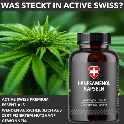Hemp oil in softgel capsules | Highly dosed with 1000mg per capsule | From Active Swiss | Cold-pressed for 210 days / 7 months