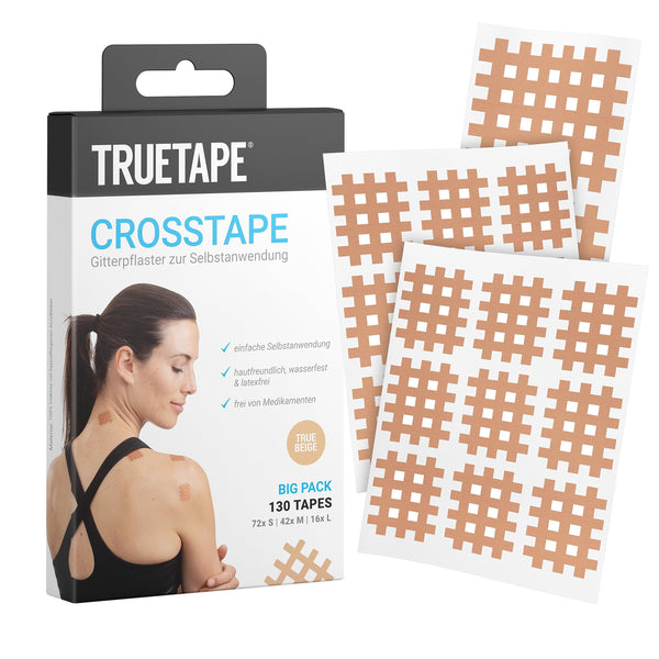 TRUETAPE Crosstapes – 130 grid plasters in 3 different sizes (72x S, 42x M, 16x L) including instructions – Waterproof &amp; Extra Strong Hold – Original Acupuncture Plasters – Mix Pack