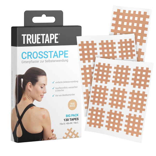 TRUETAPE Crosstapes – 130 grid plasters in 3 different sizes (72x S, 42x M, 16x L) including instructions – Waterproof &amp; Extra Strong Hold – Original Acupuncture Plasters – Mix Pack