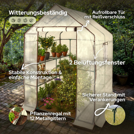 Arebos Premium Polytunnel Greenhouse with 3 Levels - 143 x 143 x 195 cm Greenhouse with Shelves &amp; Ventilation Window - Space-Saving, High-Quality Propagation House Garden Balcony Stable