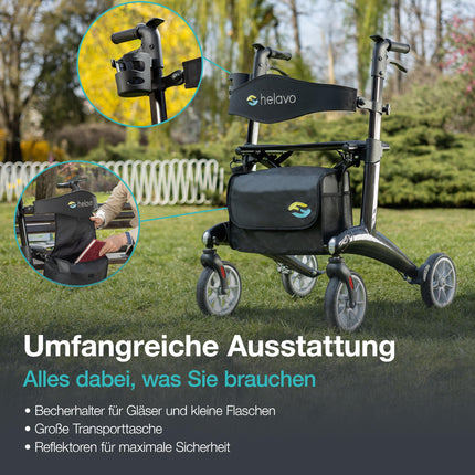 Helavo ultralight carbon rollator – Only 5.6 kg – Lightweight rollator made of carbon fiber – Ergonomic design for upright posture, foldable &amp; maneuverable – Ideal for indoor &amp; outdoor use