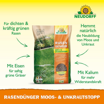 Neudorff Lawn Fertilizer Moss &amp; Weed Stop – Lawn fertilizer with iron and potassium ensures a dense, green lawn without moss and weeds, 10 kg for 200 m²