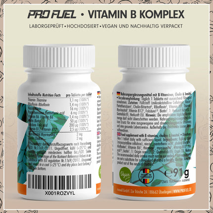 Vitamin B complex 365 tablets - B complex with B12 - all 8 B vitamins (B1, B2, B3, B5, B6, B7, B9, B12) + co-factors choline &amp; myo-inositol, laboratory tested with certificate, vegan