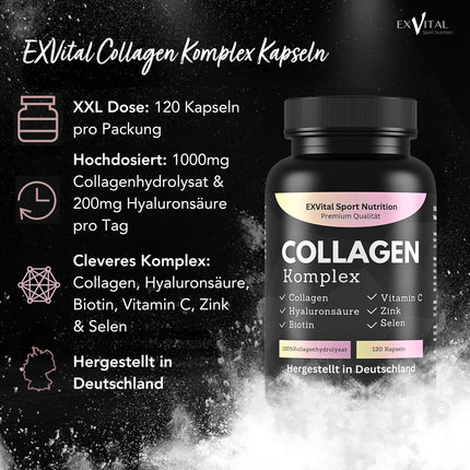Collagen Hyaluronic Acid Complex, 120 Collagen Capsules from grass-fed beef, enriched with biotin, vitamin C, B2, zinc &amp; selenium, 1000mg collagen hydrolysate per day