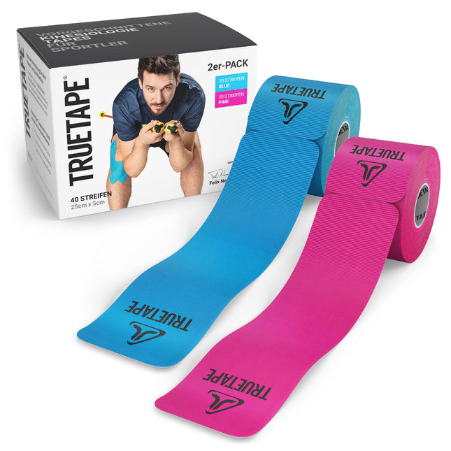 TRUETAPE® Kinesiotape – PRO Precut DUO Pack – 2 x 20 pre-cut strips (25 cm x 5 cm) – Waterproof &amp; Elastic Kinesiotapes – Physiotape with strong adhesive for sports – Blue &amp; Pink