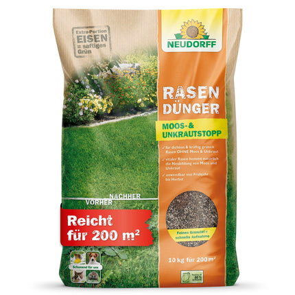 Neudorff Lawn Fertilizer Moss &amp; Weed Stop – Lawn fertilizer with iron and potassium ensures a dense, green lawn without moss and weeds, 10 kg for 200 m²