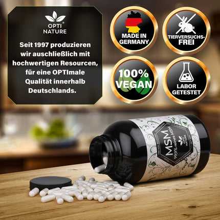365-99.9% pure, high-dose &amp; highly bioavailable MSM sulfur capsules | Vegan, made in Germany &amp; certified | Since 1997 - OPTI NATURE