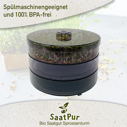 SaatPur® Sprouting Box Set 2 with two levels as a sprouting device: Sprout cultivation and microgreens growing trays. Germination box, germination tray, sprouting box, sprouting house, germination device