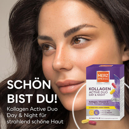 Merz Spezial Kollagen Active Duo Day &amp; Night – Beauty Complex Tablets with Collagen, Vitamin C, Zinc, Manganese + Biotin – Dietary Supplement with Dual Formula – 1 x 112 Tablets