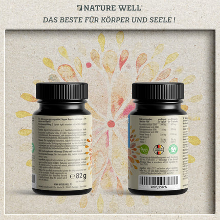 Omega-3 Vegan 60 capsules, high-dose, 2000mg Omega-3 algae oil per day with 600mg DHA &amp; 300mg EPA, vegan omega from sustainable cultivation as a fish oil alternative, laboratory-tested with certificate, NatureWell
