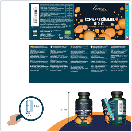 Organic Black Seed Oil Capsules | No Gelatin | 1000 mg Egyptian Oil | Linoleic Acid + Thymoquinone | German Production by Vegavero® | Nigella sativa | 180 Capsules