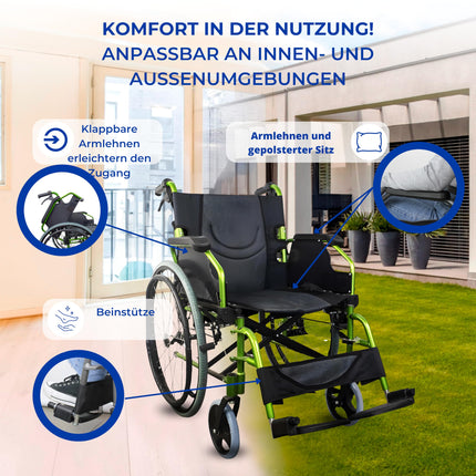 Mobiclinic®, Wheelchair, Bolonia, Aluminum, Foldable and lightweight, Folding split backrest, Removable footrest, Armrests, For adults, Green