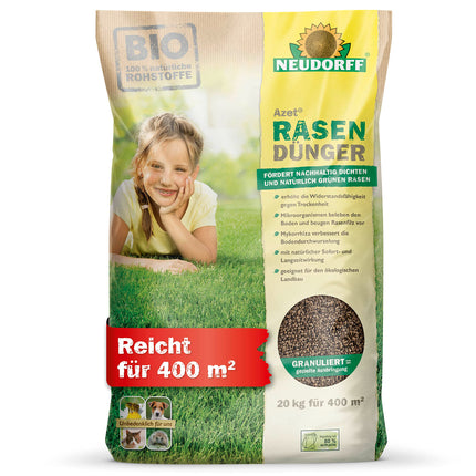 Neudorff Azet Lawn Fertilizer – Organic lawn fertilizer for 400 m² ensures a dense, green, and durable lawn with 6 months of long-term effectiveness, 20 kg, Brown