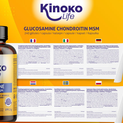 Kinoko life Glucosamine and Chondroitin – 240 capsules with MSM, marine collagen, hyaluronic acid, turmeric, black pepper, ginger, boswellia, and quercetin. For joints, cartilage, and bones.