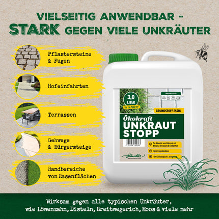 Scheidler Ökokraft Weed Stop Base Vinegar/Acetum 3 Liters – Natural Weed Killer for 500 m2 Extra Strong – Weed Remover for Paths/Paving/Patios – Long-Term Weed-Free